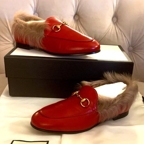New Gucci Women Jordaan Leather Lamb Fur Slip on Loafers, Red, Sz 36.5 NIB $1100 - Picture 1 of 12